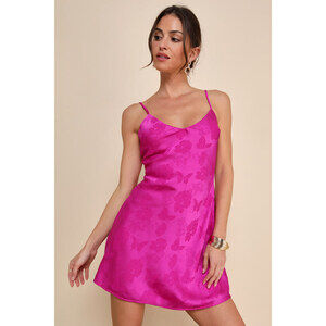 Lulus Chic Intricacy Magenta Satin Jacquard Slip Mini Dress Pink - Size M